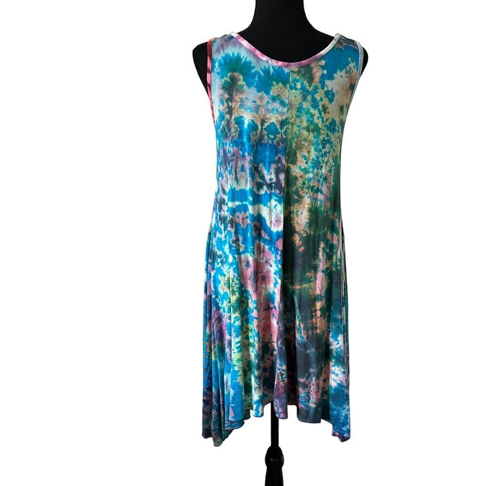 Aloha Fashion Womens Tie Dye Sleeveless Sharkbite Hem Pocket Dress Blue Purple - Picture 2 of 11
